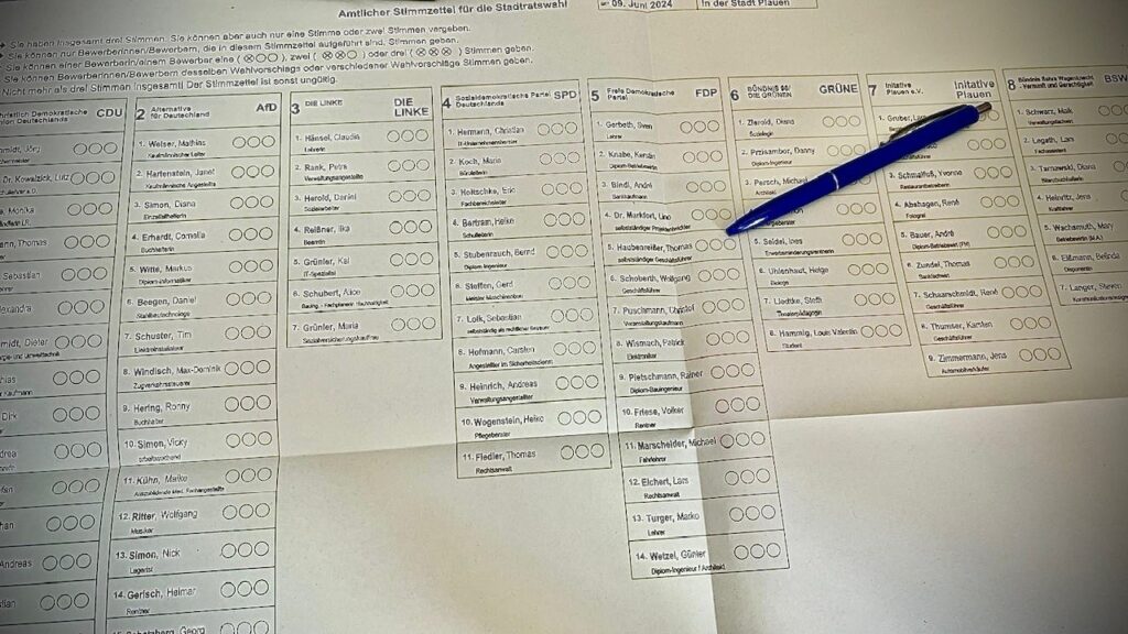 Ein Stimmzettel zur Stadtratswahl 2024 in Plauen. Foto: S. Höfer